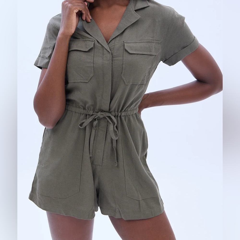 Bluenotes Romper Shorts Olive Cargo Linen Blend Size XL